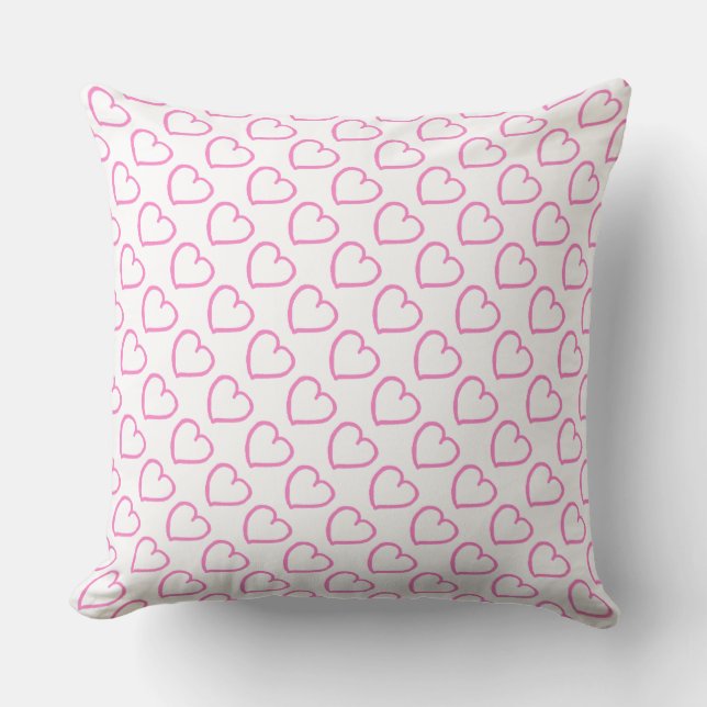 Almofada Corações desenhados à mão cor-de-rosa em branco (Frente)