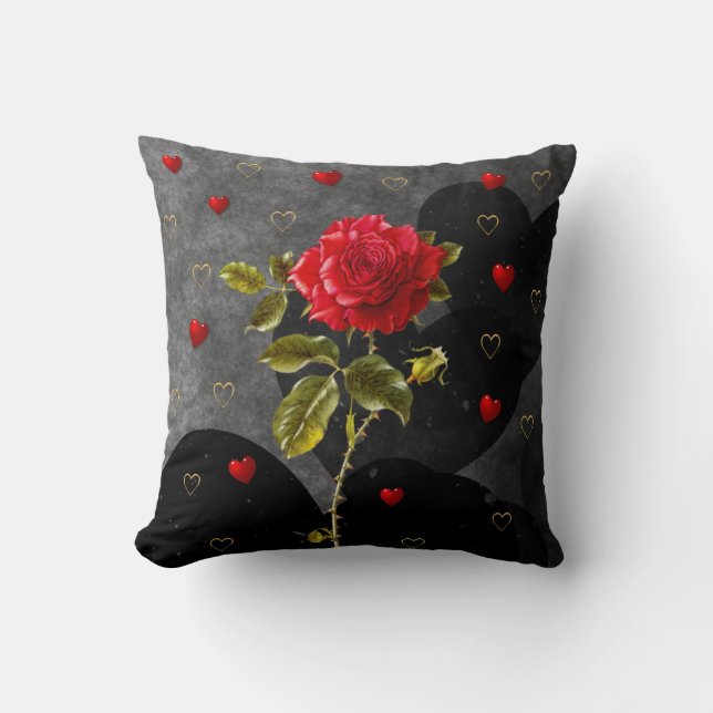 Almofada Corações pretos do Grunge com rosa vermelha (Frente)