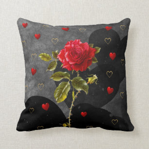 Almofada Corações pretos do Grunge com rosa vermelha