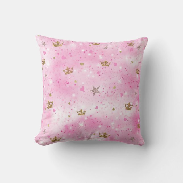 Almofada Corações Princesas Rosas Estrelas & Coroas (Frente)