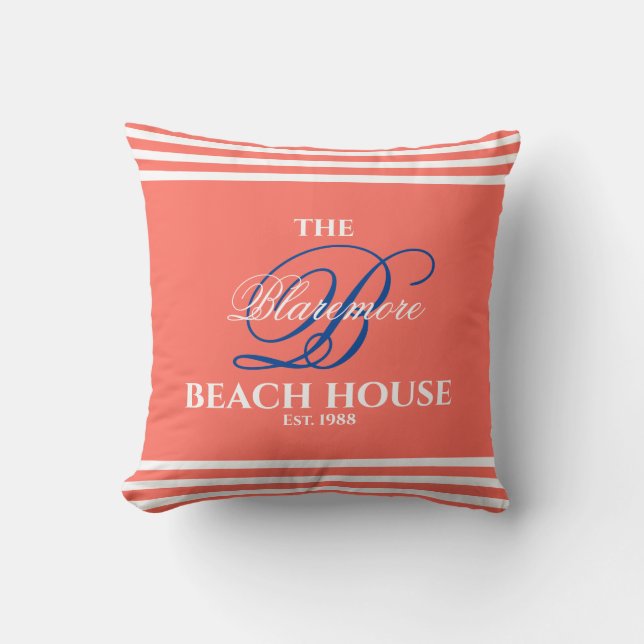 Almofada Coral Family Name Blue Initial Beach House (Frente)
