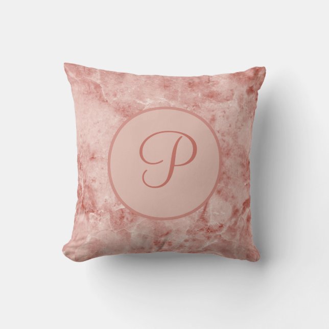 Almofada Coral Rosa e Mármore Branco Monogramado (Frente)