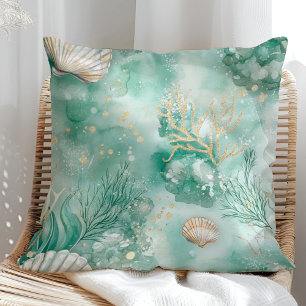Almofada Coral submarino e conchas na Aquarela Teal