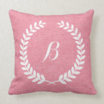 Almofada Coral Vermelho Monograma E Fita Branca<br><div class="desc">Vermelhos leves e vermelhos claros dos corais,  legantes,  linhagens e flores vintage,  de cor branca. O olhar de Linen é uma imagem e não uma roupa real.</div>