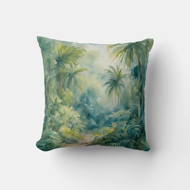 Almofada Cores Aquáticas Folhas Tropicais Plantas Palmeiras (Frente)