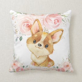 Almofada Corgi, Cachorro Adorável, Blush, Garota Floral Ros
