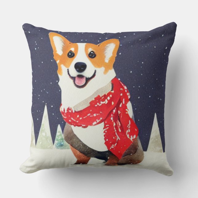 Almofada Corgi com o Caco de Natal Branco Vermelho (Frente)