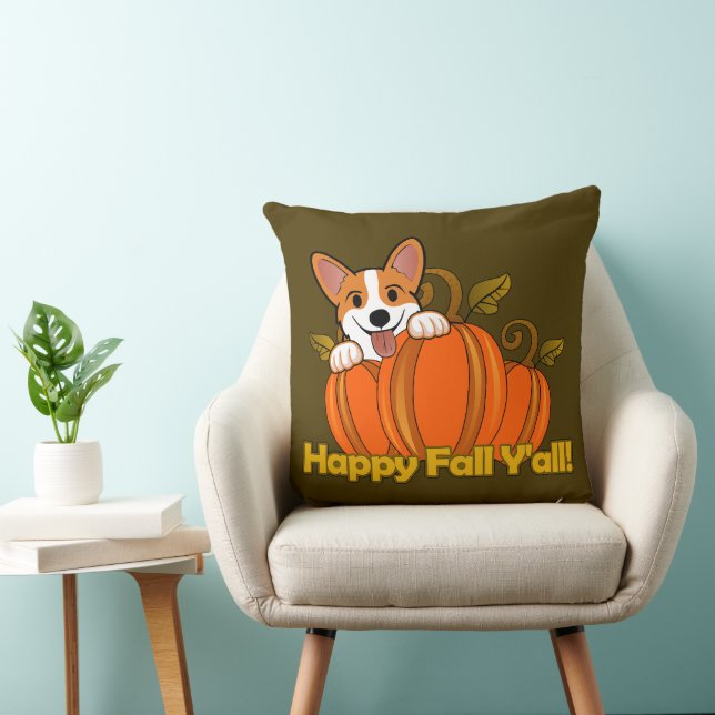 Almofada Corgi diz Happy Fall Y'all! (Cadeira)