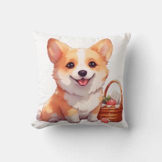 Almofada Corgi joyeux avec un panier de pique-nique