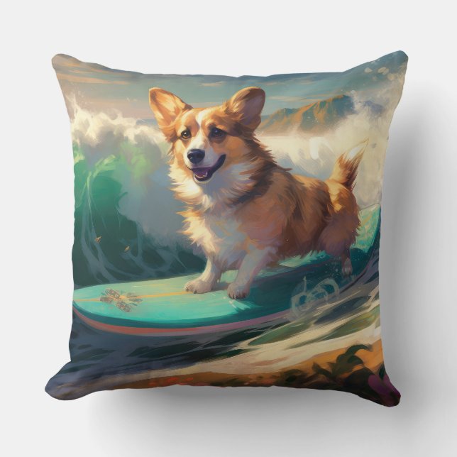 Almofada Corgi  Pintura de Surf na Praia (Frente)