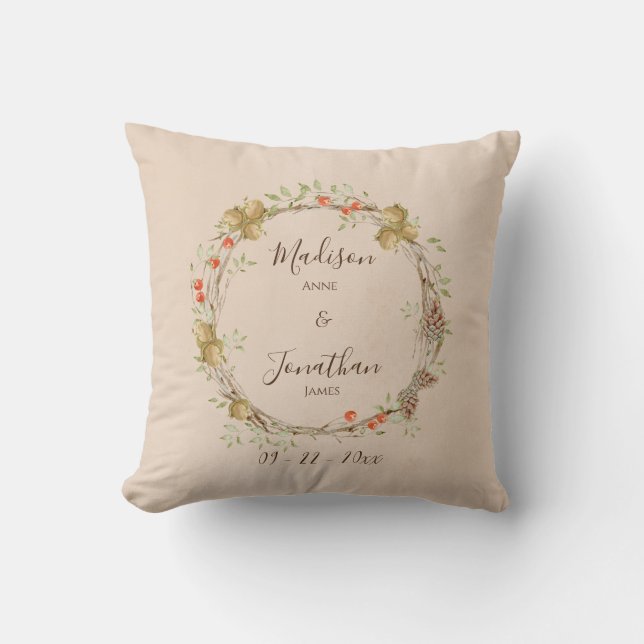 Almofada Coroa de Folhagem com Letra Floral Romântica Perso (Frente)