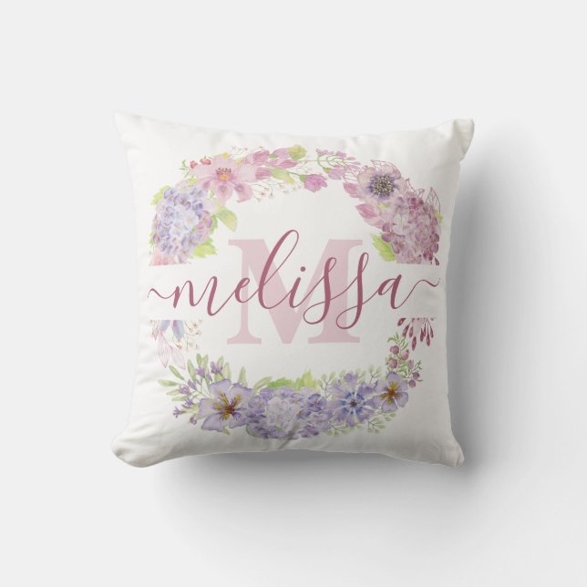 Almofada Coroa de hortênsias pastéis personalizada (Frente)