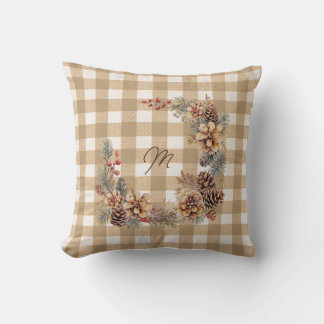 Almofada Coroa de Outono Monograma Gingham Marrom