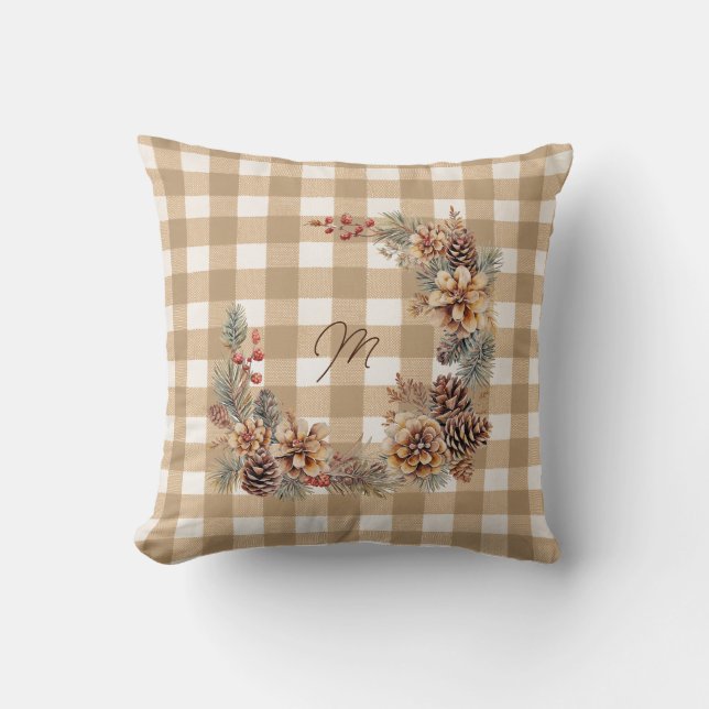 Almofada Coroa de Outono Monograma Gingham Marrom (Frente)
