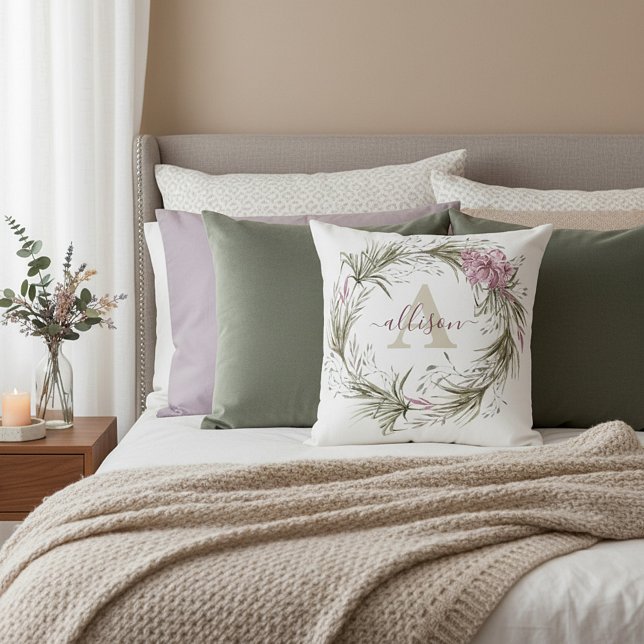 Almofada Coroa floral rosa e verde personalizada (Criador carregado)