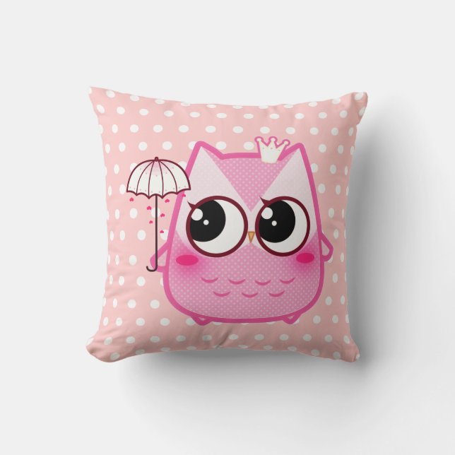 Almofada Coruja cor-de-rosa de Kawaii com guarda-chuva (Frente)
