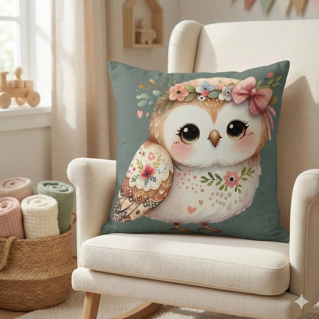 Almofada Coruja Floral Fofa com Laço (Cute Floral Owl with Bow Throw Pillow Mockup A)