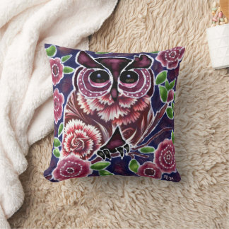 Almofada Coruja Whimsical na ramificação Flor Azul Rosa