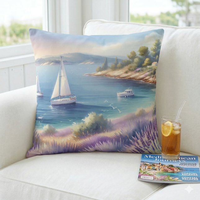 Almofada Costa de Lavanda Mediterrânea com Barcos à Vela (Mediterranean Lavender Coast with Sailboats Throw Pillow Mockup A)
