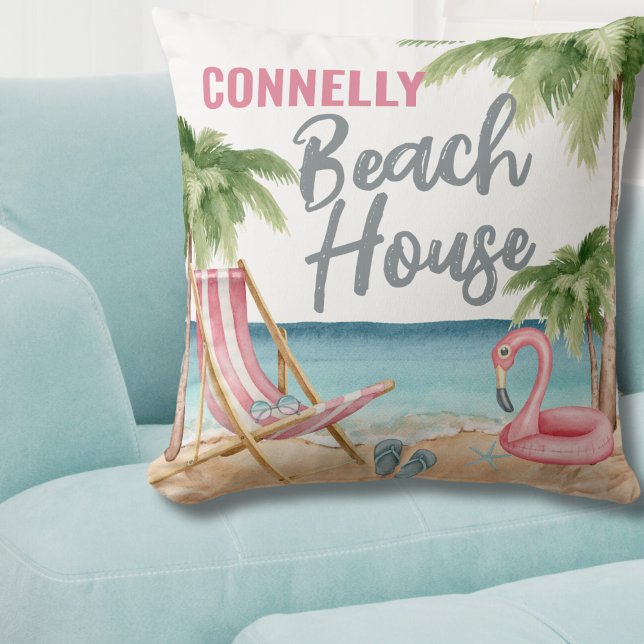 Almofada Costeira Summer Watercolor Beach House (Personalized Watercolor Beach House Throw Pillow )