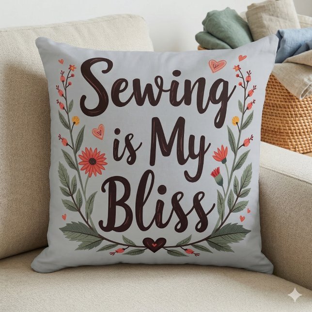 Almofada Costura É Minha Felicidade Tipografia Floral (Sewing Is My Bliss Floral Typography Throw Pillow Mockup A)