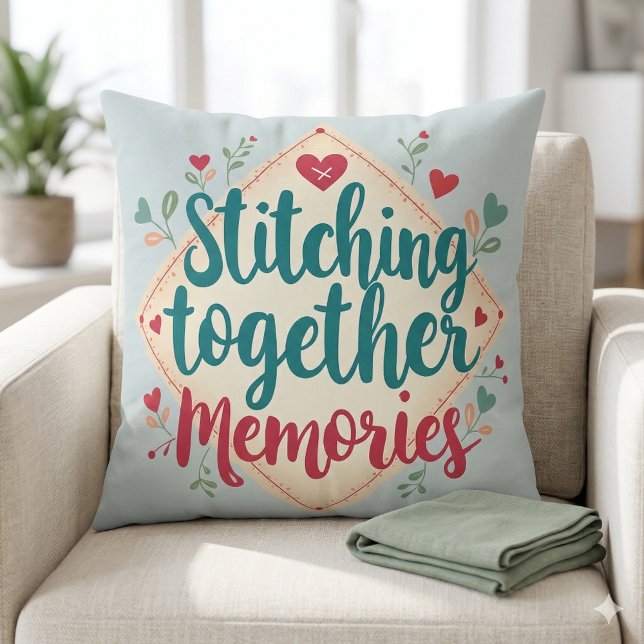 Almofada Costurando Memórias Arte de Bordado (Stitching Together Memories Embroidery Art Throw Pillow Mockup A)