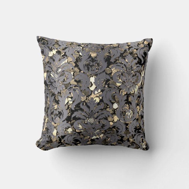Almofada Cottage Damask Royal Sepia Dourado Grafite Preto (Frente)