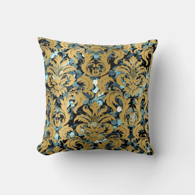 Almofada Cottage Damask Teal Blush Dourado Mostarda Royal (Frente)