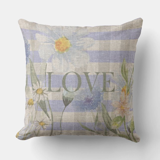Almofada Country Love Floral Blue Gingham And Daisies (Frente)