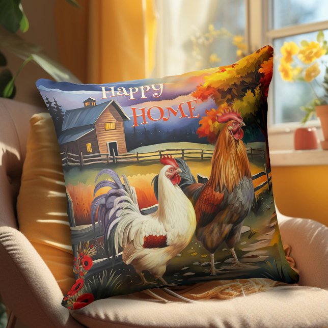 Almofada Country Rooster Chicken Fazenda Art (Pillow showing a colorful painting of a rooster and chicken in a country scene with a farmhouse)
