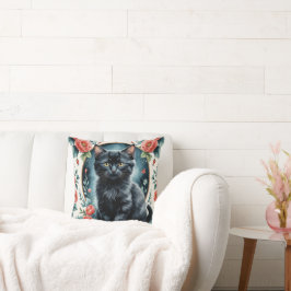 Almofada Coussin Imprimé Vintage Chaton Noir et Pivoines