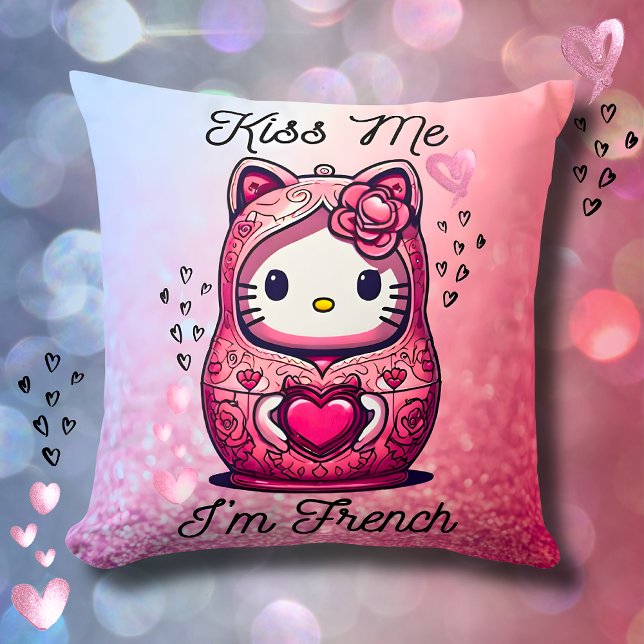 Almofada Coussin Kitty doll Kiss me I’m French pink glitter (FRONT - Coussin Kitty doll Kiss me I’m French pink glitter )