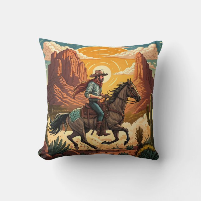 Almofada Cowboy Riding Horse at Sunset (Frente)