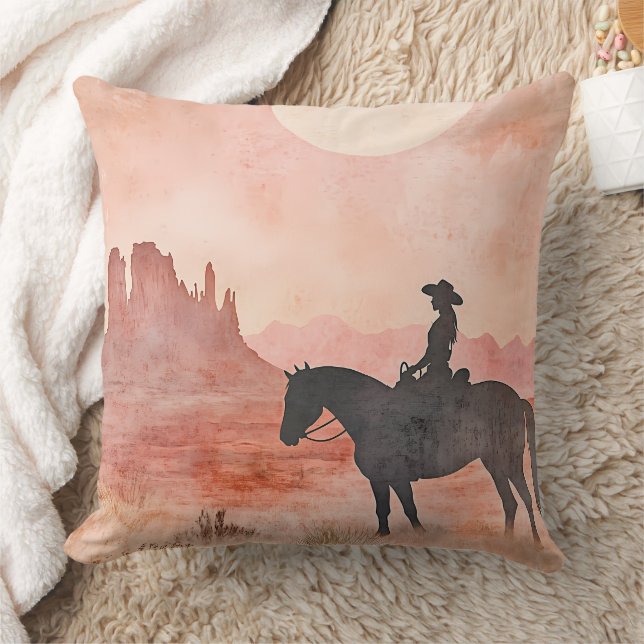Almofada Cowgirl and Horse Southwestern Sunset Silhouette (Cobertor)
