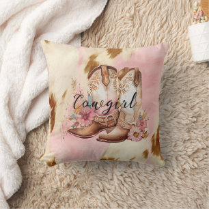 Almofada Cowgirl Pink Cream Brown Cowhide Floral Boots