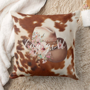 Almofada CowGirl Pink Cream Brown Cowhide Floral Hat