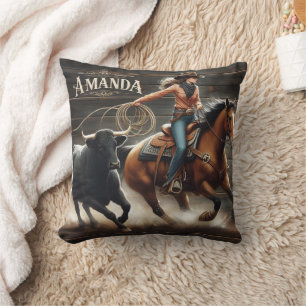 Almofada Cowgirl Roping Steer Durante Evento Rodeo