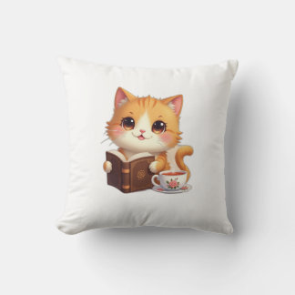 Almofada Cozy Bookish Cat Throw Pillow – Cute Tea & Reading