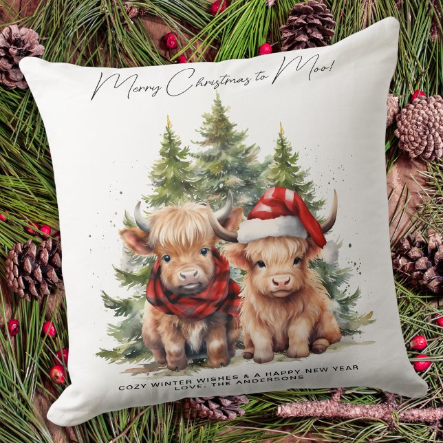 Almofada Cozy Highland Cow Farm Animal Feliz Natal (Criador carregado)