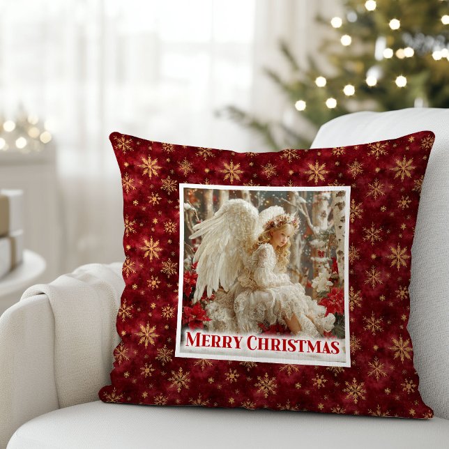 Almofada Cozy Red and Gold Angel Art Victorian Christmas  (Cozy Red and Gold Angel Art Victorian Christmas Pillow)