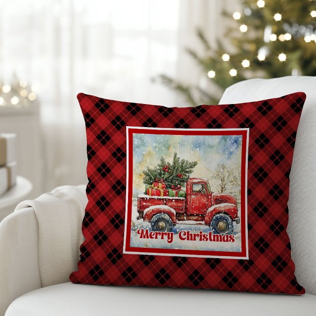 Almofada Cozy red truck holiday scene rustic red black (Cozy red truck holiday scene rustic red black Throw Pillow)