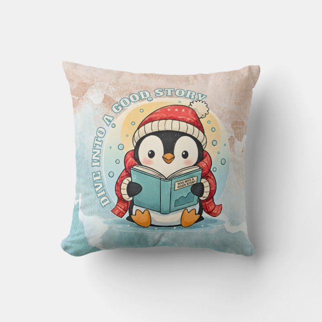 Almofada Cozy Scholar Penguin Reading Book Throw Pillow (Frente)