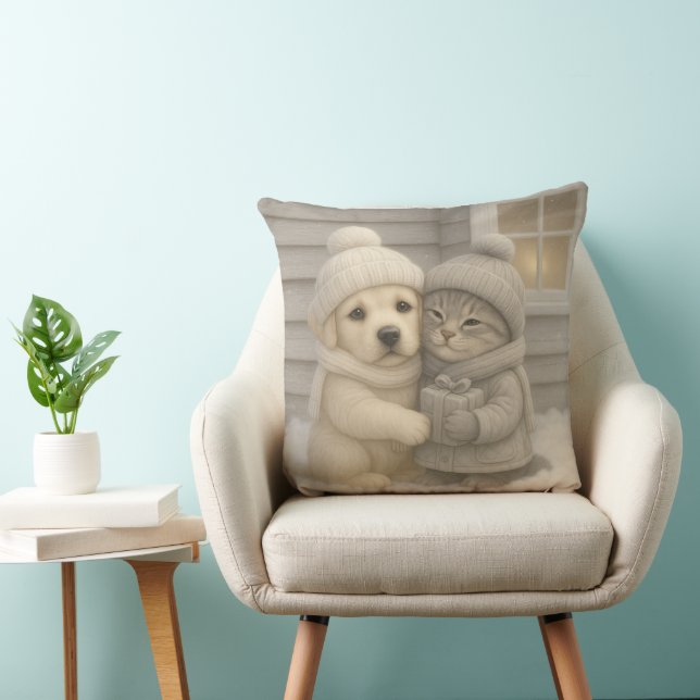 Almofada Cozy Winter Pillow with Puppy and Kitten in Hats (Cadeira)
