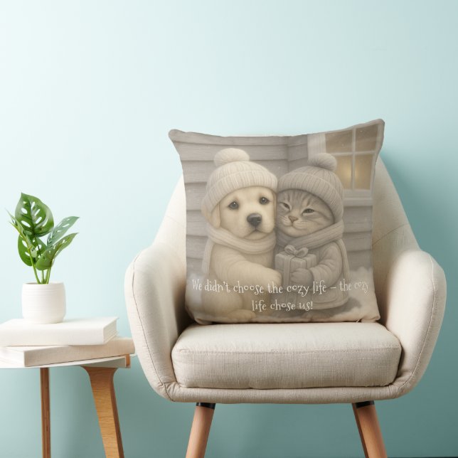 Almofada Cozy Winter Pillow with Puppy and Kitten in Hats (Cadeira)