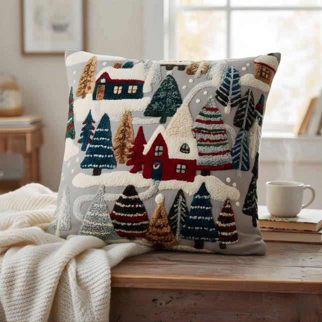 Almofada Cozy Winter Village & Forest Textured Art Style (Criador carregado)