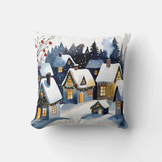 Almofada Cozy Winter Village Watercolor Christmas (Frente)