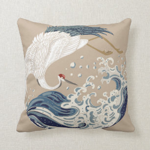 Almofada Crane e Ilustração de Onda Japonesa. Tradicional