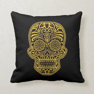 Almofada Crânio amarelo e preto decorativo do açúcar