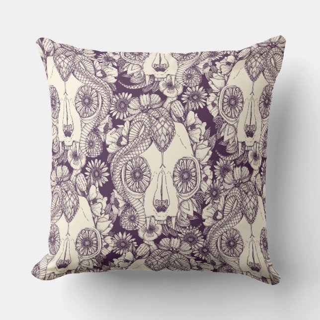 Almofada crânio de gato damasco roxo (Frente)