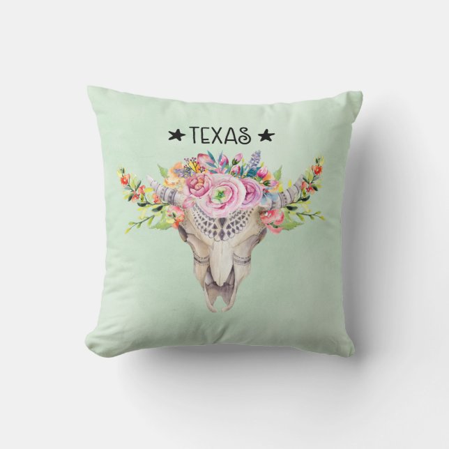 Almofada Crânio De Vaca Do Texas Boho Com Flores Trendência (Frente)